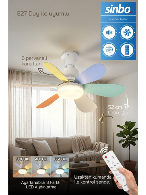 SF-7708 3 LED Aydınlatmalı Sessiz Tavan Vantilatörü Kumandalı 6 Kanatlı