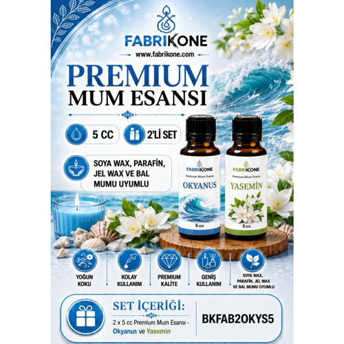Premium Mum Esansı 5 cc 2'li Set - Okyanus, Yasemin - Soya Wax, Parafin, Jel Wax ve Bal Mumu Uyumlu BKFAB2OKYS5