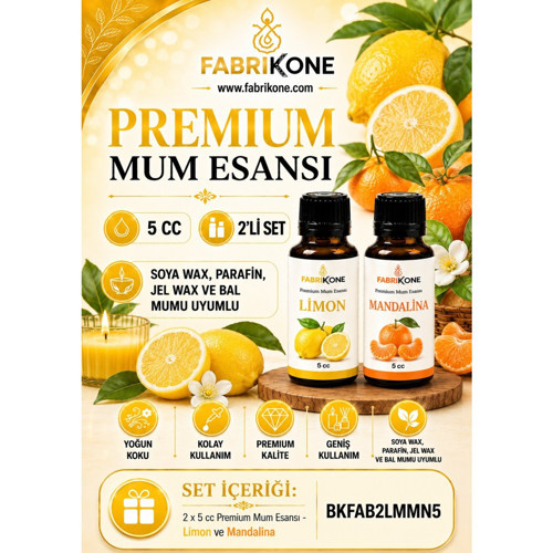 Premium Mum Esansı 5 cc 2'li Set - Limon, Mandalina - Soya Wax, Parafin, Jel Wax ve Bal Mumu Uyumlu BKFAB2LMMN5