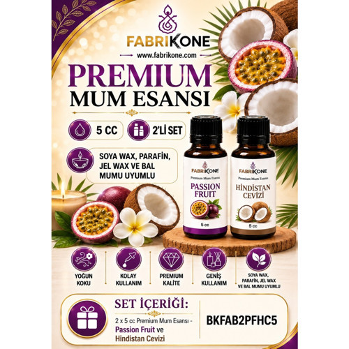 Premium Mum Esansı 5 cc 2'li Set - Passion Fruit, Hindistan Cevizi - Soya Wax, Parafin, Jel Wax ve Bal Mumu Uyumlu BKFAB