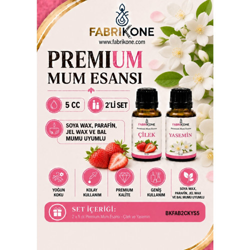 Premium Mum Esansı 5 cc 2'li Set - Çilek, Yasemin - Soya Wax, Parafin, Jel Wax ve Bal Mumu Uyumlu BKFAB2CKYS5