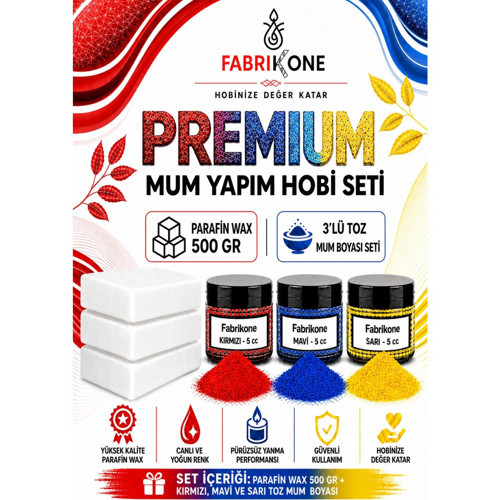 Premium Mum Yapım Hobi Seti - Parafin Wax 500 gr - 3'lü Toz Mum Boyası Seti - Kırmızı, Mavi, Sarı BKFABPW5003KMSR