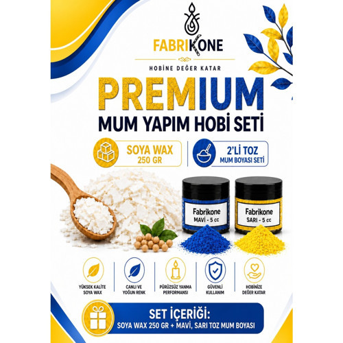 Premium Mum Yapım Hobi Seti - Soya Wax 250 gr - 2'li Toz Mum Boyası Seti - Mavi, Sarı BKFABSW2502MSR