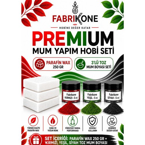 Premium Mum Yapım Hobi Seti - Parafin Wax 250 gr - 3'lü Toz Mum Boyası Seti - Kırmızı, Yeşil, Siyah BKFABPW2503KYS