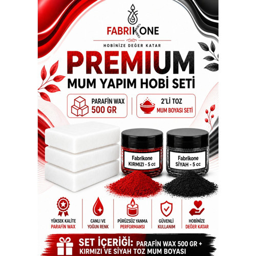 Premium Mum Yapım Hobi Seti - Parafin Wax 500 gr - 2'li Toz Mum Boyası Seti - Kırmızı, Siyah BKFABPW5002KS