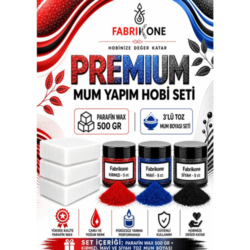 Premium Mum Yapım Hobi Seti - Parafin Wax 500 gr - 3'lü Toz Mum Boyası Seti - Kırmızı, Mavi, Siyah BKFABPW5003KMS
