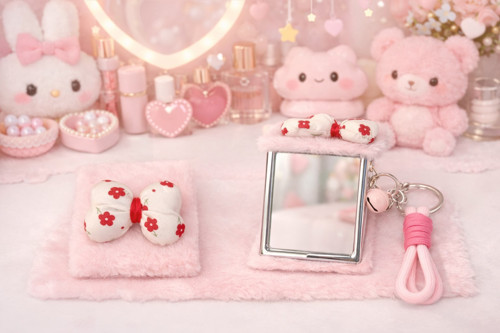 Pembe Peluş Kırmızı Beyaz Fiyonk Tasarımlı Çift Taraflı Katlanabilir Makyaj Aynası Çanta Aksesuarı