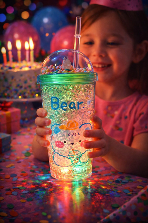 Çocuklar İçin Sevimli Bear Led Işıklı Renkli Boncuklu 450 ML Pipetli İçecek Bardağı Suluk Yeşil 2093
