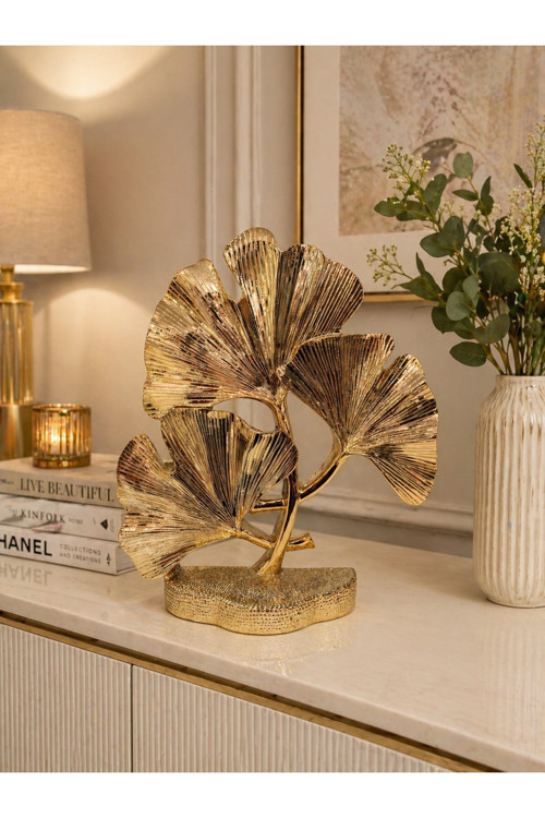 Duygu ve Yaşam Tarzı Odaklı Gold Ginkgo Yaprağı Lüks Dekoratif Metal Biblo Heykel Obje 29 cm x 23 cm