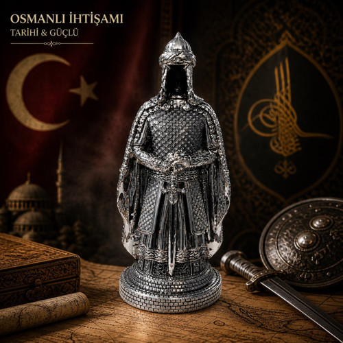 Prestij Güç Sembolü Tarihi Osmanlı Zırhlı Pelerinli Savaşçı Asker Biblo Anlamlı Hediye Gümüş 28 CM