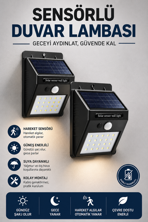 tekno Solar Sensörlü Duvar Lambası Bahçe Lamba 20 Led Işık 2026