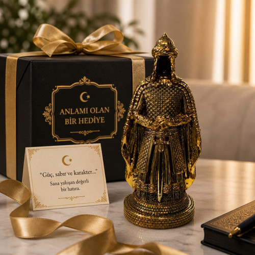 Prestij Güç Sembolü Tarihi Osmanlı Zırhlı Pelerinli Savaşçı Asker Biblo Anlamlı Hediye Gold 28 CM