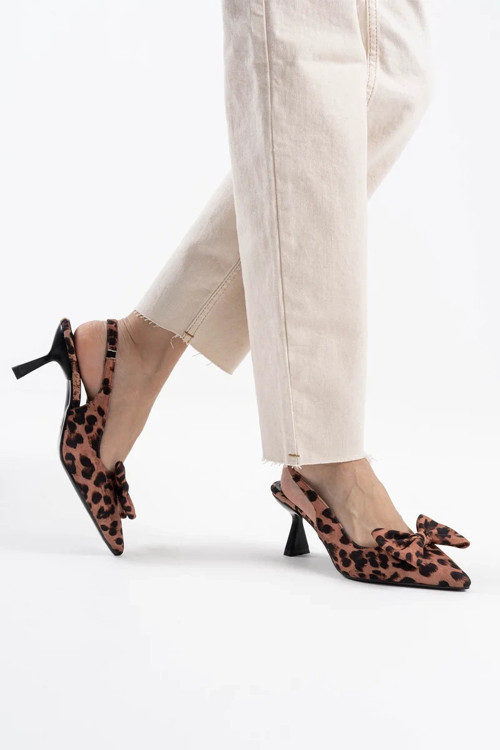 Leopar Fiyonklu Kitten Topuklu Slingback Kadın Ayakkabı TR08MS24D