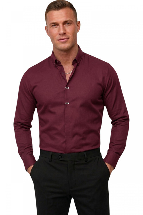 Bordo Slim Fit Likralı Kolay Ütülenebilir Gizli Düğmeli Erkek Gömlek 2602614