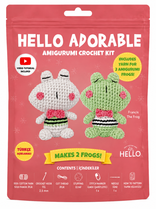 Hello Adorable Amigurumi Kurbağa Yapım Kiti , Kendin Yap Hobi Seti, Türkçe Anlatımlı