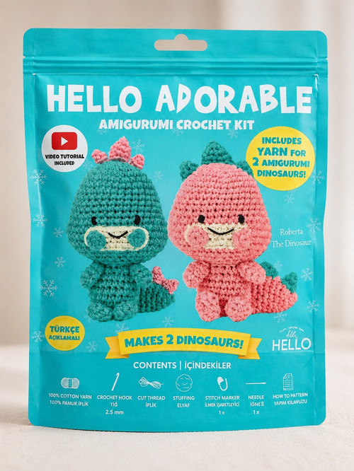 Hello Adorable Amigurumi Dinozor Yapım Kiti – 2 Adet Sevimli Dinozor BFF, Türkçe Anlatımlı