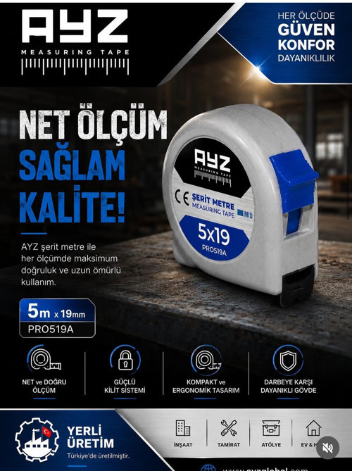 Şerit Çelik Metre 5m x 19mm – Gri