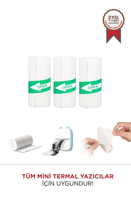 Yapışkanlı Beyaz 1Paket (3Adet) Termal Rulo Kağıt Etiket Sticker Tüm Mini Makinalara Uyumlu