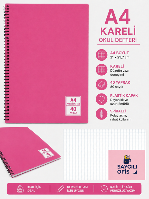 SaygılıOfis 40 Yaprak A4 Spiralli Pp Kapak KARELİ Defter