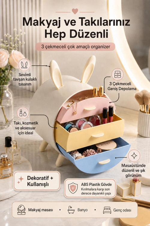 Tavşan Kulaklı Makyaj ve Takı Organizeri 3 Çekmeceli Masaüstü Kozmetik Düzenleyici Pastel Renkli Makyaj Organizeri