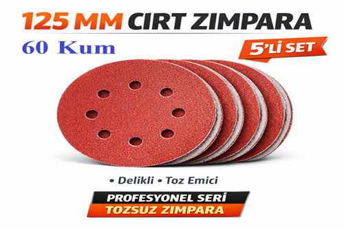 125 mm Cırt Zımpara Kağıdı 5 Adet – 8 Delikli Disk, Ahşap & Metal Uyumlu 60 Kum