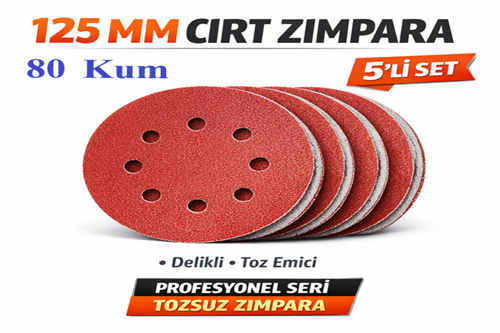 125 mm Cırt Zımpara Kağıdı 5 Adet – 8 Delikli Disk, Ahşap & Metal Uyumlu 80 Kum