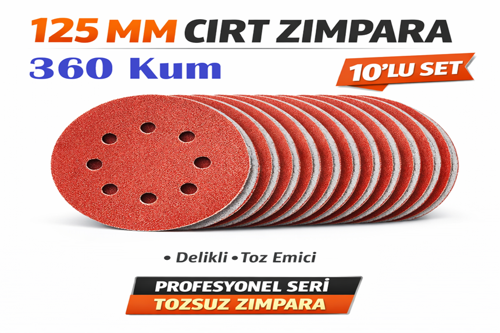 125 mm Cırt Zımpara Kağıdı 10 Adet – 8 Delikli Disk, Ahşap & Metal Uyumlu - 360 Kum