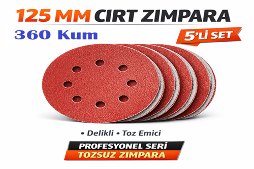 125 mm Cırt Zımpara Kağıdı 5 Adet – 8 Delikli Disk, Ahşap & Metal Uyumlu 360 Kum