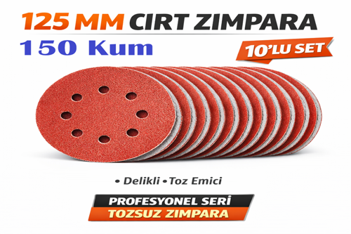 125 mm Cırt Zımpara Kağıdı 10 Adet – 8 Delikli Disk, Ahşap & Metal Uyumlu - 150 Kum