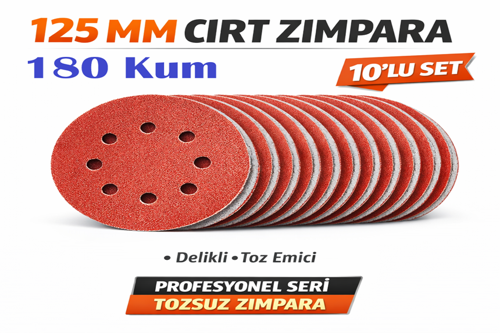 125 mm Cırt Zımpara Kağıdı 10 Adet – 8 Delikli Disk, Ahşap & Metal Uyumlu - 180 Kum