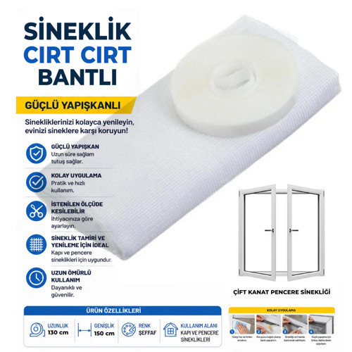 Pratik Cırt Bantlı Pencere Sinekliği 130x150 cm Deliksiz Montaj Çift Kanat Beyaz Sineklik