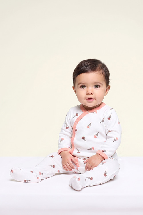 %100 Pamuk Pembe Biye Detaylı Patikli Çıtçıtlı Kruvaze Pudra Çiçek Bebek Tulum