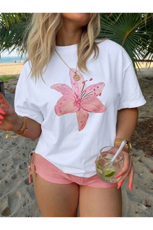 Pembe Zambak Baskılı Oversize Kompak T-Shirt