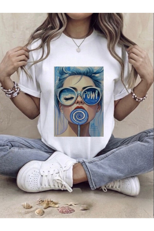 Kadın Beyaz Oversize Pop Art Baskılı T-Shirt Pow Tasarımlı