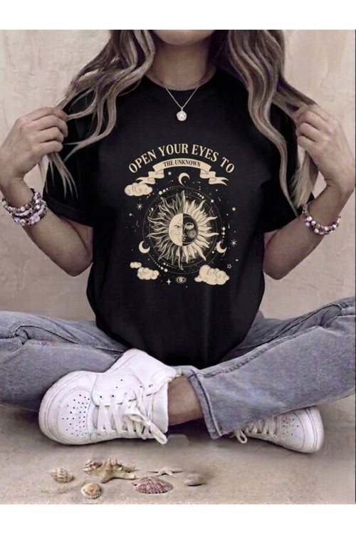 Siyah Güneş Ve Ay Baskılı Oversize T-Shirt