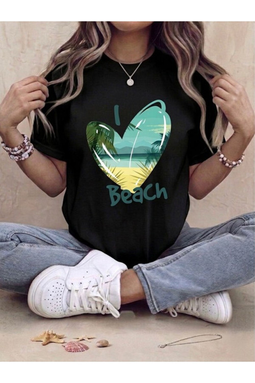 Beach Baskılı Oversize Kompak T-Shirt