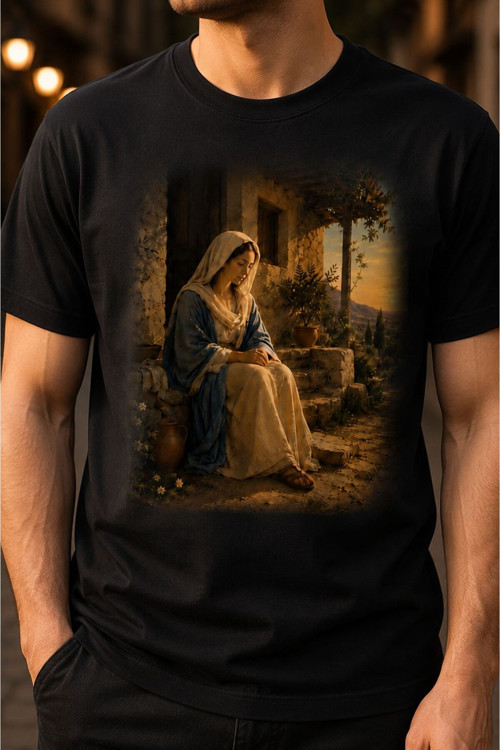 Meryem Ana Tema Baskılı Unisex Siyah Oversize T-Shirt