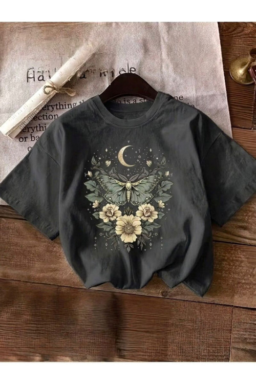 Kadın Bohem Kelebek Desenli Grafik Baskılı T-Shirt