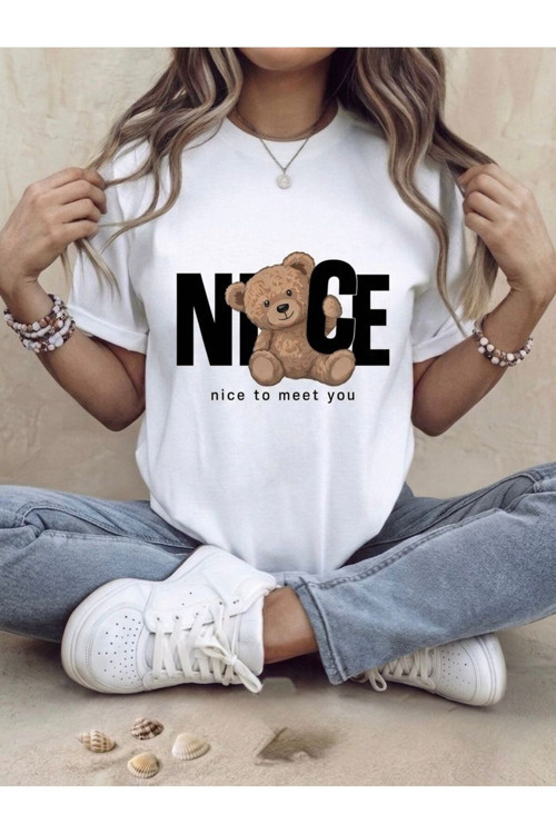 Ayıcık Figürlü Nice To Meet You Yazılı Oversize T-Shirt