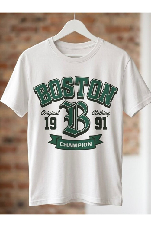 Unisex Boston Baskılı Oversize Kompak T-Shirt