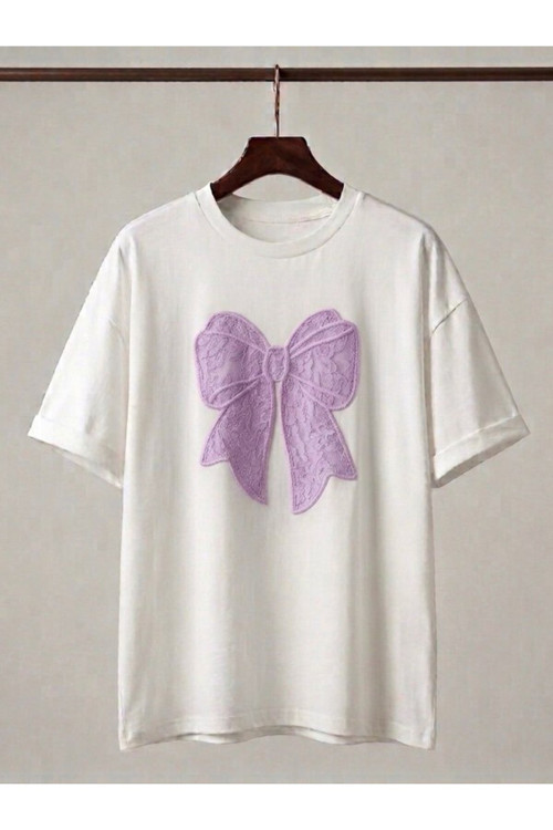 Kadın Beyaz Oversize Fiyonk Baskı Detaylı Kpmpak T-Shirt