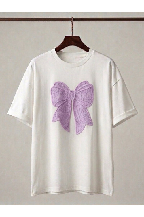 Kadın Beyaz Oversize Fiyonk Baskı Detaylı Kpmpak T-Shirt