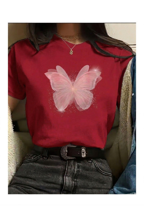 Pembe Kelebek Desenli Baskılı Kompakt T-Shirt