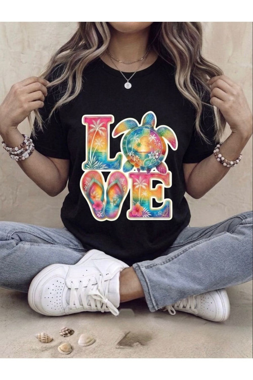Tropikal Sahil Temalı Love Baskılı Kompak T-Shirt