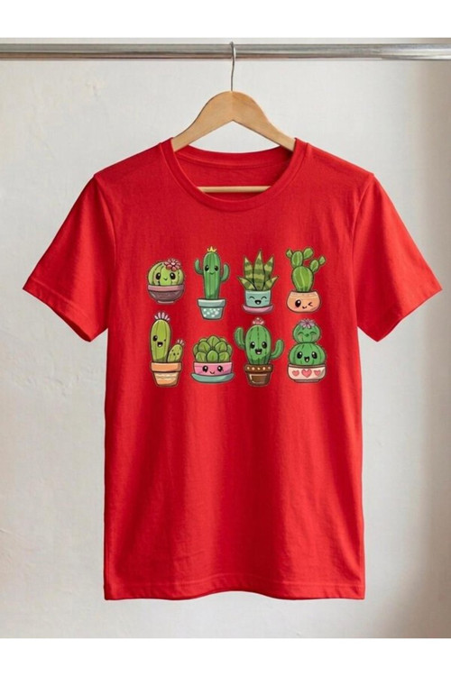 Kadın Oversize Sevimli Kaktüs Baskılı Kompak T-Shirt