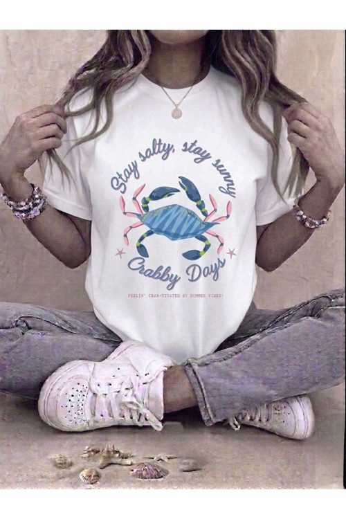 Kadın Stay Salty Yengeç Baskılı Kompakt T-Shirt