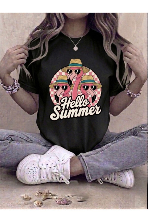 Kadın Hello Summer Flamingo Baskılı Kompakt T-Shirt