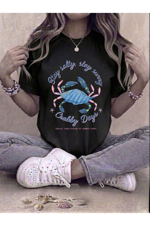 Kadın Stay Salty Yengeç Baskılı Kompakt T-Shirt