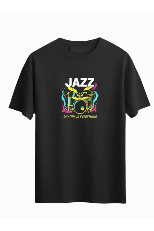 Unisex Bateri Jazz Baskılı Oversize T-Shirt