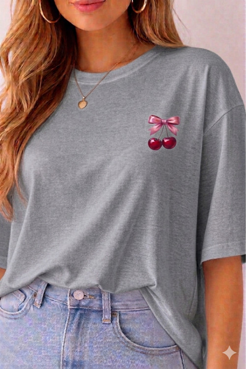 Minimal Kiraz Desenli Baskılı T-Shirt